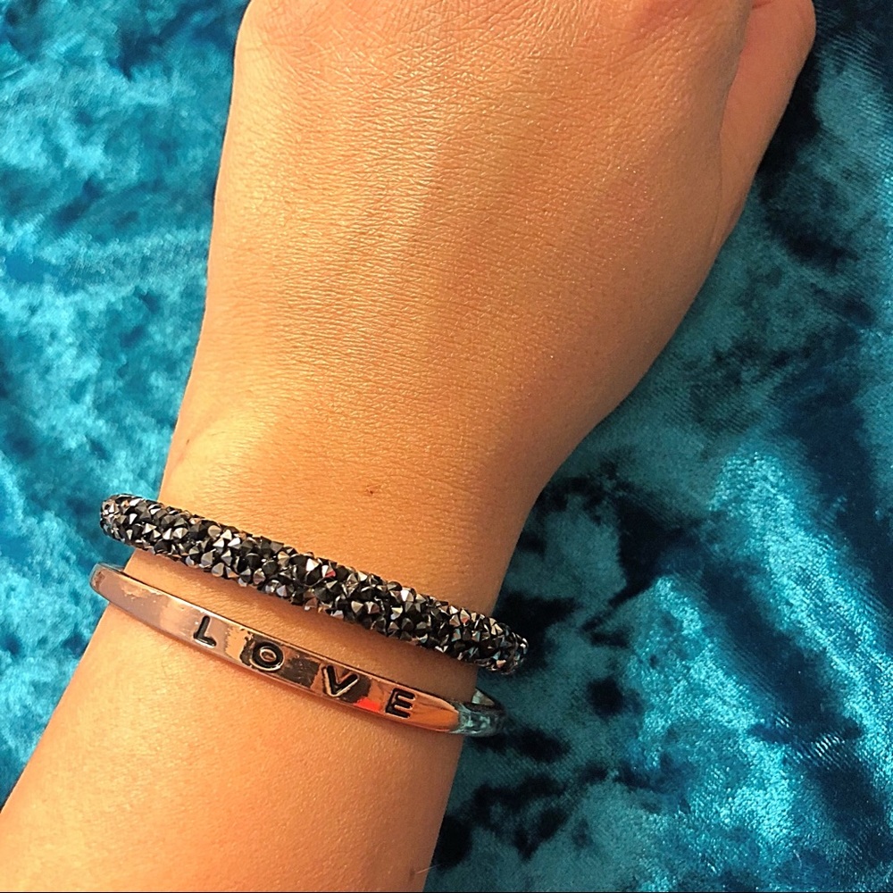 Black Onyx Rhinestone Bangle Cuff Bracelet